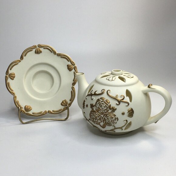 Partylite P7301 Tea Time Teapot Tealight Candle Holder Cream Gold Bisque Ceramic - Picture 6 of 9